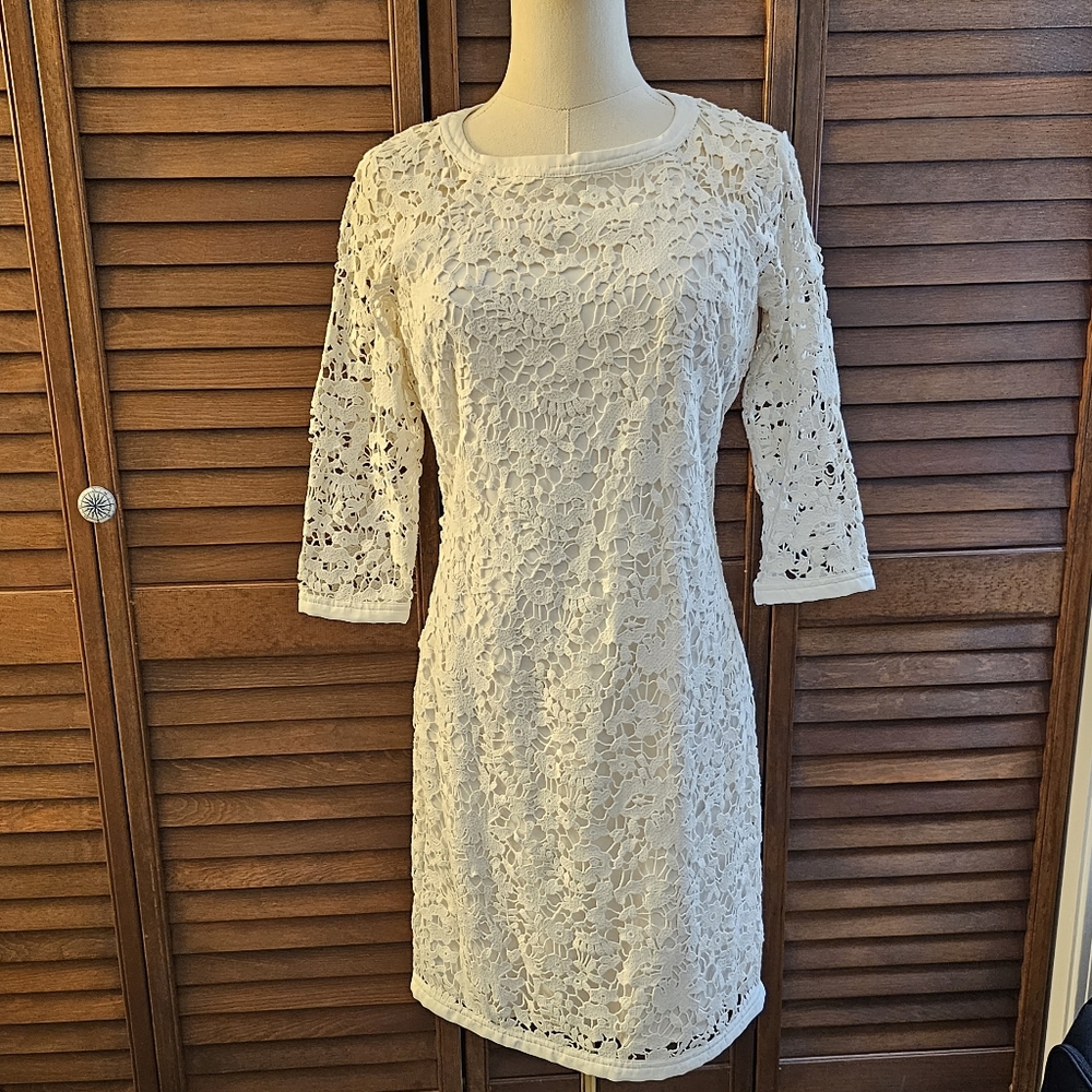 Ann Taylor Ivory Knee-Length, Lace 3/4 Sleeve Sheath Dress
